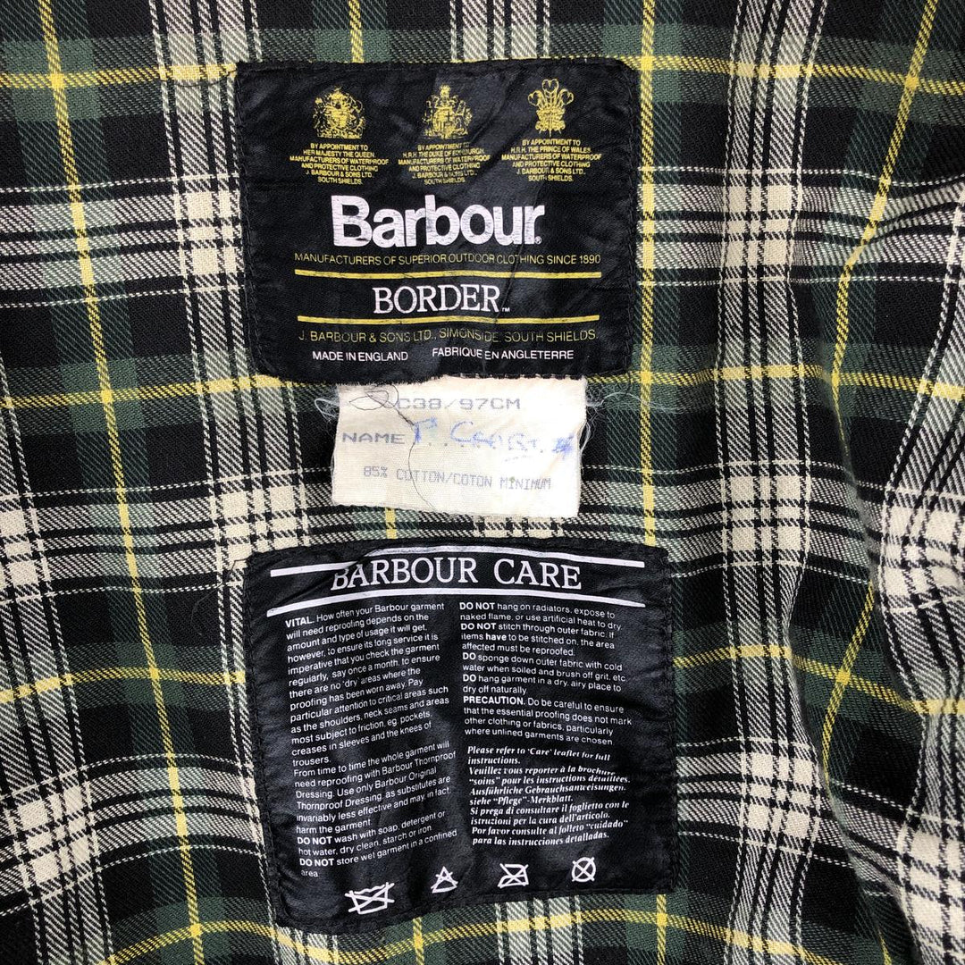 80s-90'S Barbour BORDER (formerly 3 Warrant) waxed cotton oiled jacket, Made in England, C38, Men's Medium cotton Khaki type Vintage Second Hand