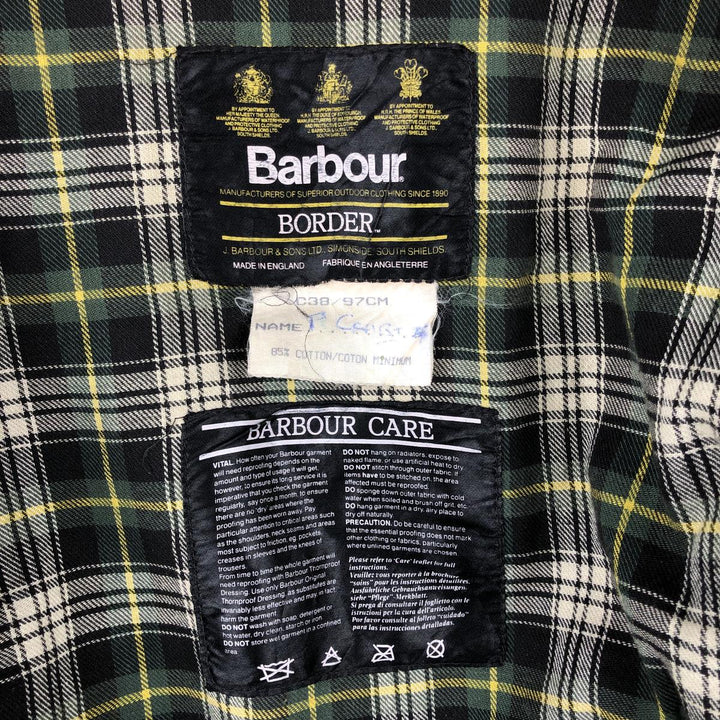 80s-90'S Barbour BORDER (formerly 3 Warrant) waxed cotton oiled jacket, Made in England, C38, Men's Medium cotton Khaki type Vintage Second Hand