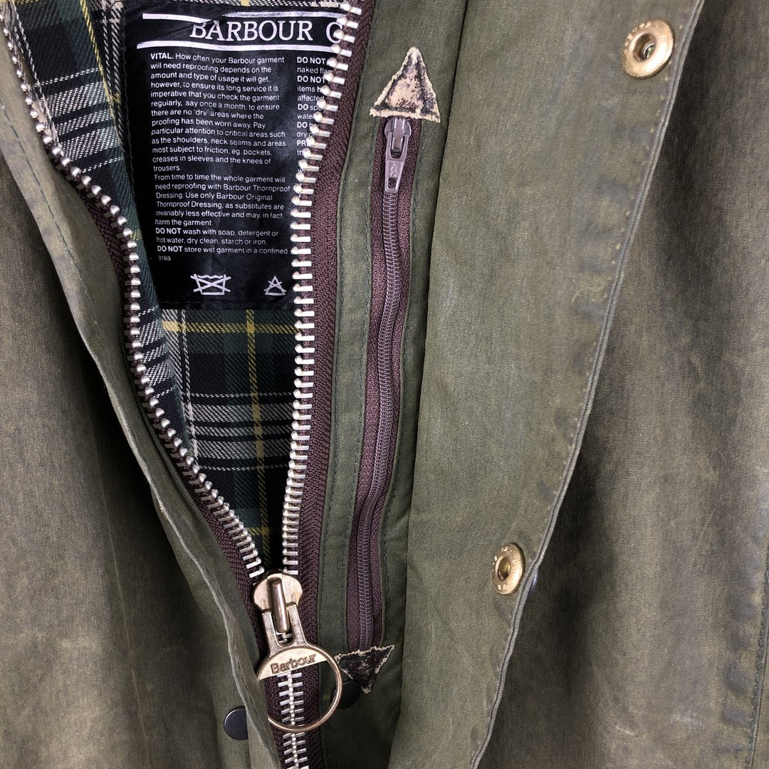 80s-90'S Barbour BORDER (formerly 3 Warrant) waxed cotton oiled jacket, Made in England, C38, Men's Medium cotton Khaki type Vintage Second Hand