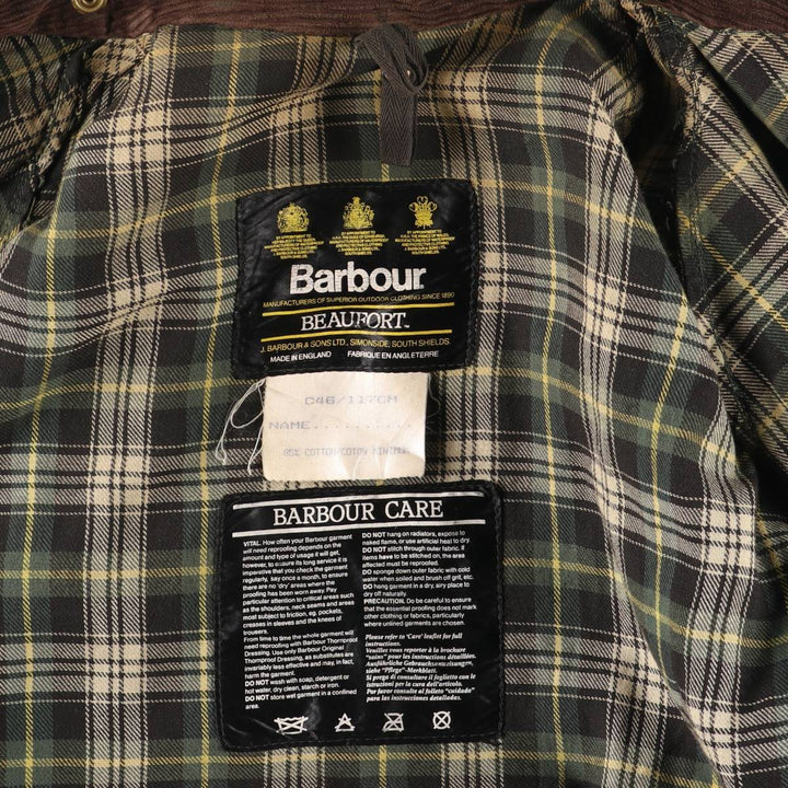 1980s-1990'S Barbour Beaufort 3-Warrant Badged Oiled Hunting Jacket, Made in the UK, C46, Men's XL cotton Khaki type Vintage Second Hand