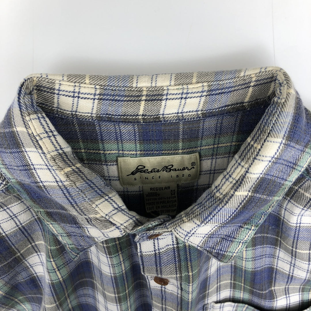 Eddie Bauer long-sleeved flannel check shirt, men's size M cotton blue type Vintage Second Hand