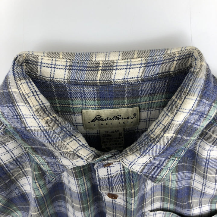 Eddie Bauer long-sleeved flannel check shirt, men's size M cotton blue type Vintage Second Hand
