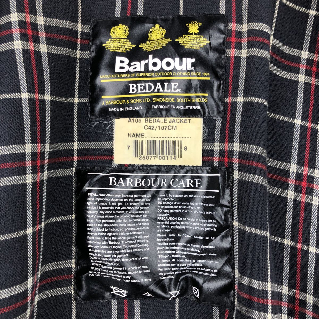 1990'S Barbour Bedale jacket, old 3-warrant badge, waxed cotton, oiled, made in England, size C42 (equivalent to men's L). cotton navy blue type Vintage Second Hand