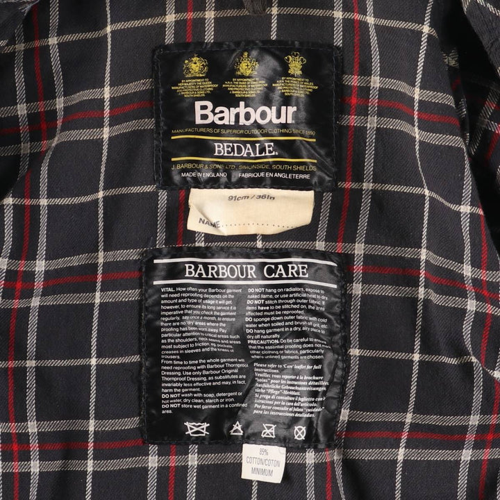 80s-90'S Barbour Bedale 3-Warrant Waxed Cotton Oiled Jacket, Made in England, Men's Size Small cotton navy blue type Vintage Second Hand