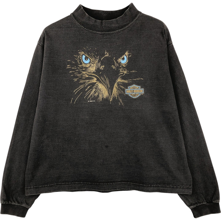 90'S Harley-Davidson Eagle Pattern Thunder Mock Neck Motorcycle Long Sleeve T-Shirt, Women's, Size L cotton black type Vintage Second Hand