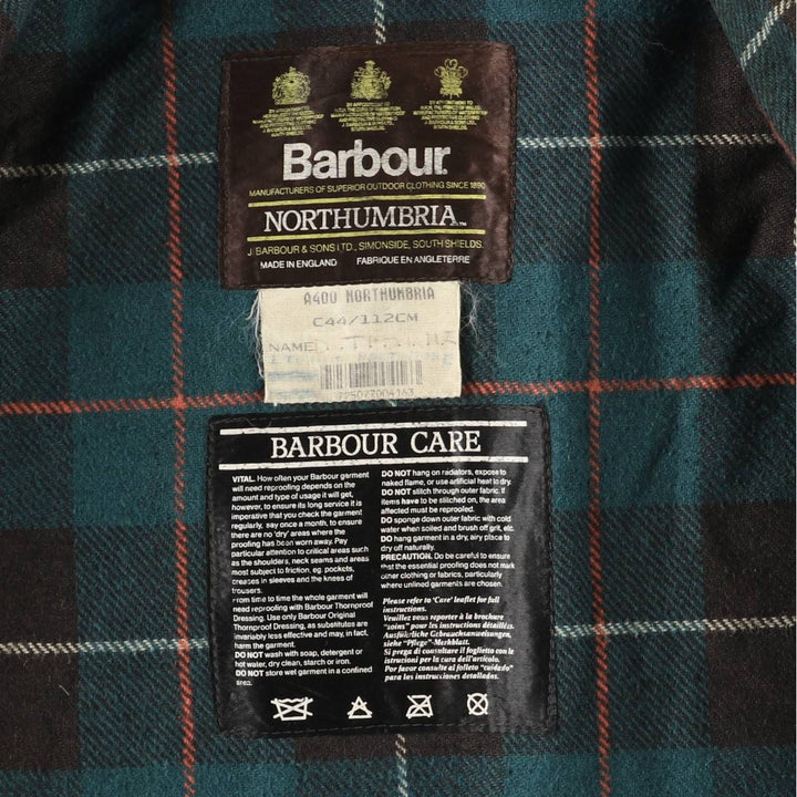 Bargain Price (with minor imperfections): 1990'S Barbour Northumbria Old 3-Warrant Waxed Cotton Oiled Jacket, Made in England, Size C44 (Men's L equivalent) cotton Khaki type Vintage Second Hand