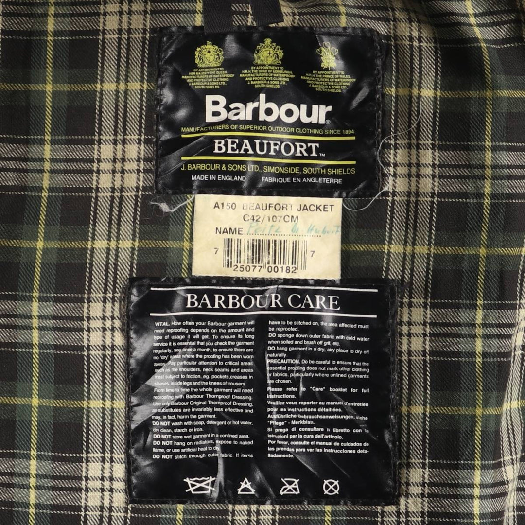 1990'S Barbour Beaufort 3 Warrant Oiled Hunting Jacket, Made in England, C42, Men's Size L cotton Khaki type Vintage Second Hand