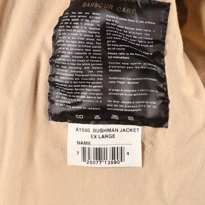 2000'S Barbour BUSHMAN Old 3 Warrant Waxed Cotton Oiled Jacket, Made in England, Men's XL cotton brown type Vintage Second Hand