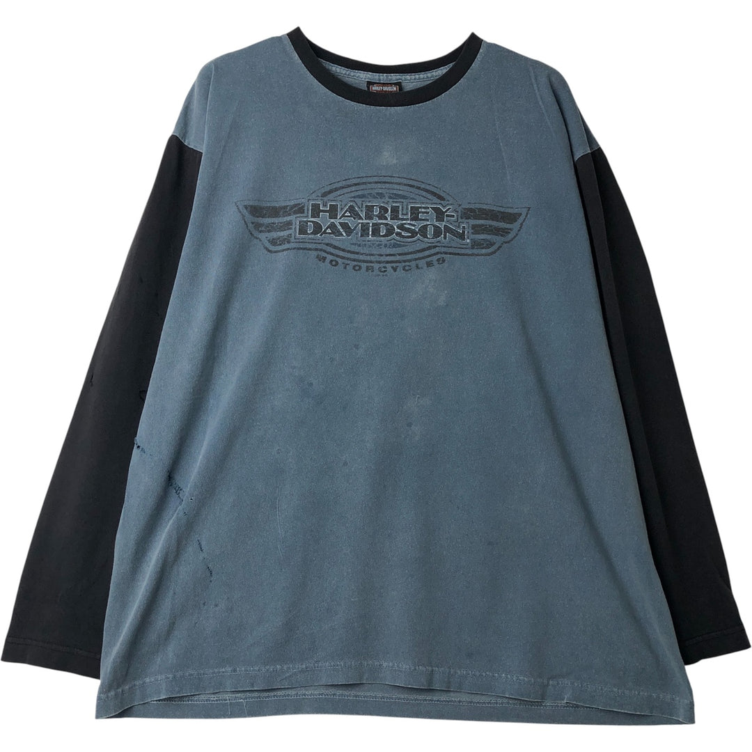 2000'S Harley-Davidson Motorcycle Two-Tone Long Sleeve T-Shirt, Made in USA, Men's Size XL cotton blue type Vintage Second Hand