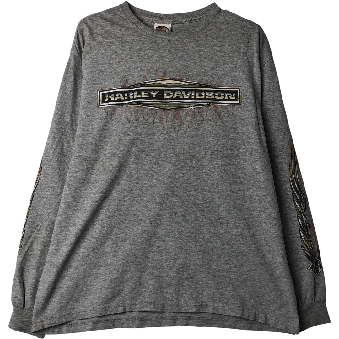 2000'S Harley-Davidson Fire Pattern Motorcycle Long Sleeve T-Shirt, Made in USA, Men's Size L cotton gray type Vintage Second Hand