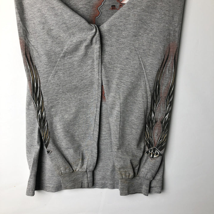2000'S Harley-Davidson Fire Pattern Motorcycle Long Sleeve T-Shirt, Made in USA, Men's Size L cotton gray type Vintage Second Hand