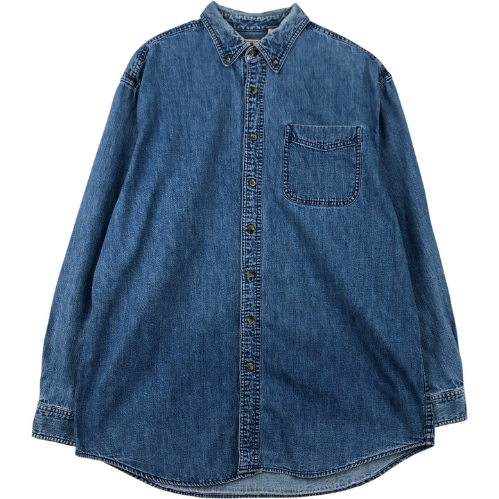90s-00'S Vintage LLBean Long Sleeve Button-Down Denim Shirt, Men's Size L cotton blue type Vintage Second Hand
