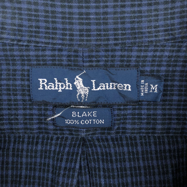 Ralph Lauren BLAKE long sleeve button down check shirt, men's size M cotton navy blue type Vintage Second Hand