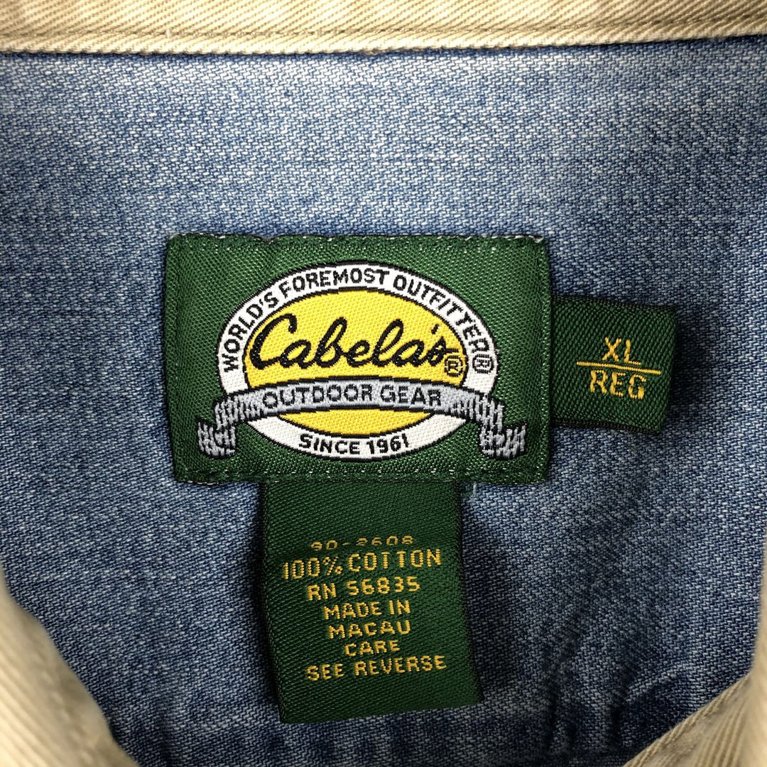 90'S Cabela's Vintage Long Sleeve Button-Down Denim Shirt, Men's Size XL cotton blue type Vintage Second Hand