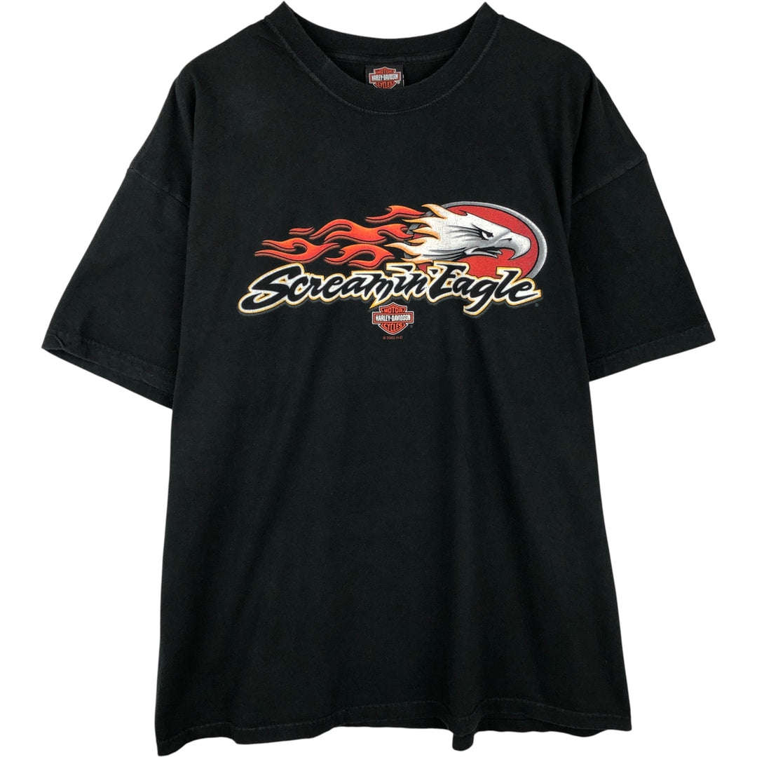 00'S Harley Davidson Eagle Pattern Fire Pattern Motorcycle Bike T-shirt Made in USA Men's XXL cotton black type Vintage Second Hand