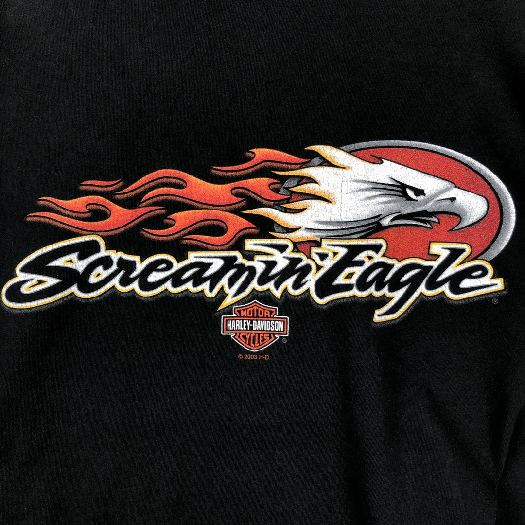 00'S Harley Davidson Eagle Pattern Fire Pattern Motorcycle Bike T-shirt Made in USA Men's XXL cotton black type Vintage Second Hand