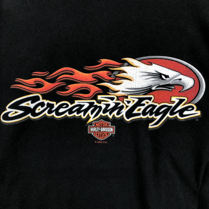 00'S Harley Davidson Eagle Pattern Fire Pattern Motorcycle Bike T-shirt Made in USA Men's XXL cotton black type Vintage Second Hand