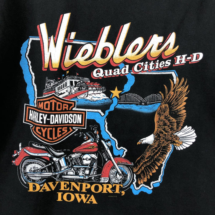00'S Harley Davidson Eagle Pattern Fire Pattern Motorcycle Bike T-shirt Made in USA Men's XXL cotton black type Vintage Second Hand