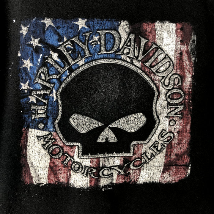 Harley-Davidson Skull Pattern Stars and Stripes Motorcycle T-Shirt, Made in USA, Men's Size XL cotton black type Vintage Second Hand