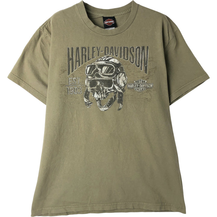 Harley-Davidson Skull Pattern Motorcycle Bike T-shirt Made in USA Men's L size cotton Khaki type Vintage Second Hand