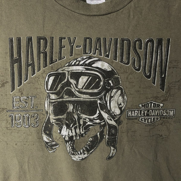 Harley-Davidson Skull Pattern Motorcycle Bike T-shirt Made in USA Men's L size cotton Khaki type Vintage Second Hand