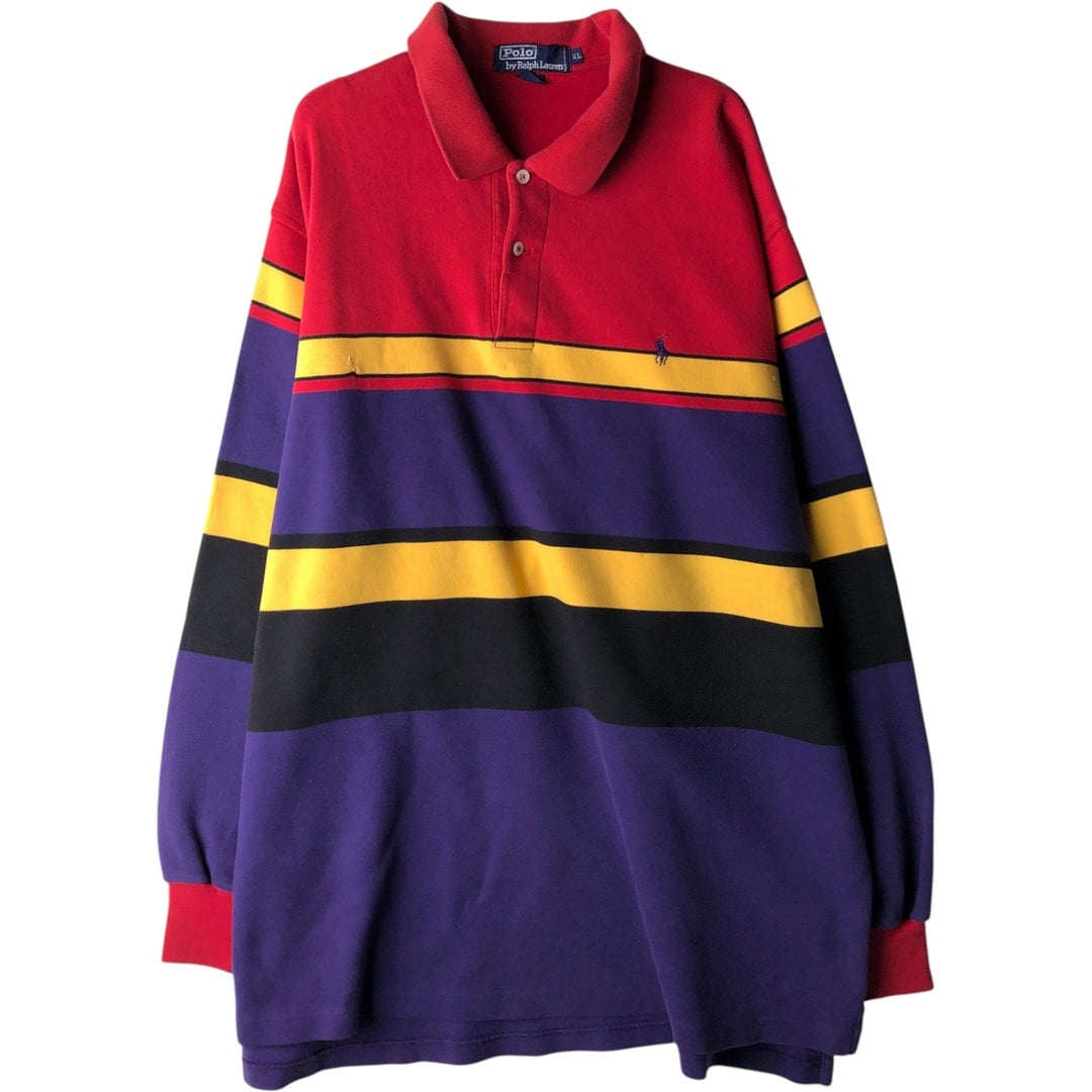 Ralph Lauren POLO by Ralph Lauren multi-border long-sleeved polo shirt, men's size XXL cotton red type Vintage Second Hand