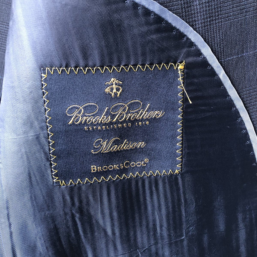 Brooks Brothers Madison BROOKSCOOL Check Pattern Glen Plaid Wool Tailored Jacket, Men's Size L wool Navy blue Vintage Second Hand