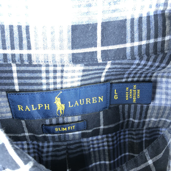 Ralph Lauren Slim Fit Long Sleeve Button-Down Check Shirt, Men's Size L cotton navy blue type Vintage Second Hand