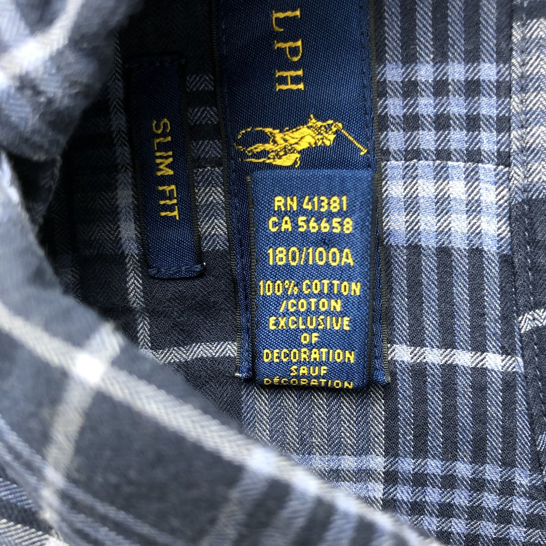 Ralph Lauren Slim Fit Long Sleeve Button-Down Check Shirt, Men's Size L cotton navy blue type Vintage Second Hand