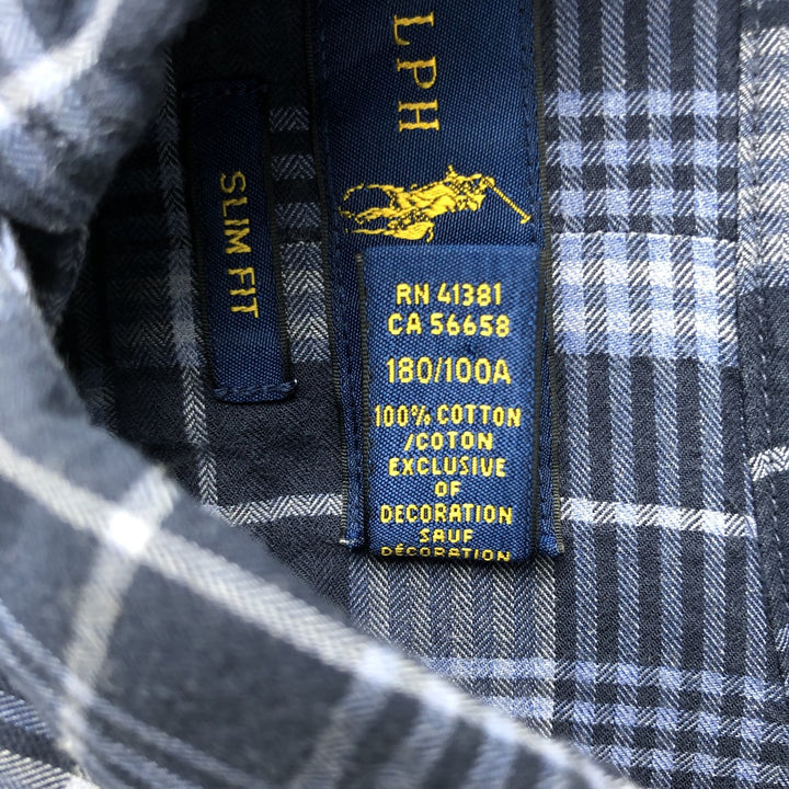 Ralph Lauren Slim Fit Long Sleeve Button-Down Check Shirt, Men's Size L cotton navy blue type Vintage Second Hand