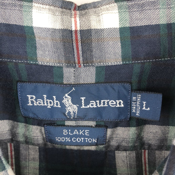 Ralph Lauren BLAKE long sleeve button down check shirt, men's size L cotton navy blue type Vintage Second Hand