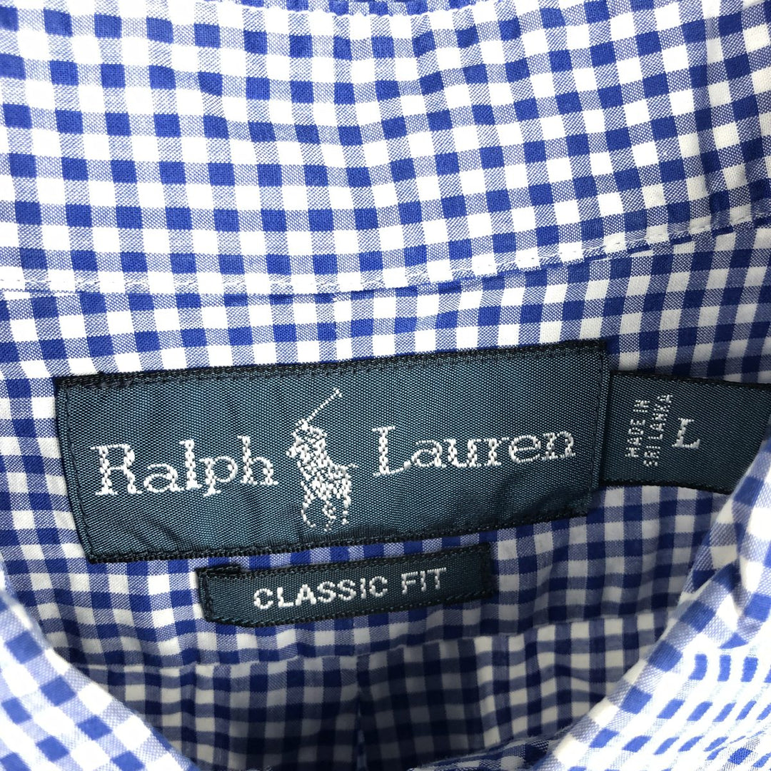 Ralph Lauren Classic Fit Gingham Check Long Sleeve Button-Down Check Shirt, Men's Size L cotton blue type Vintage Second Hand