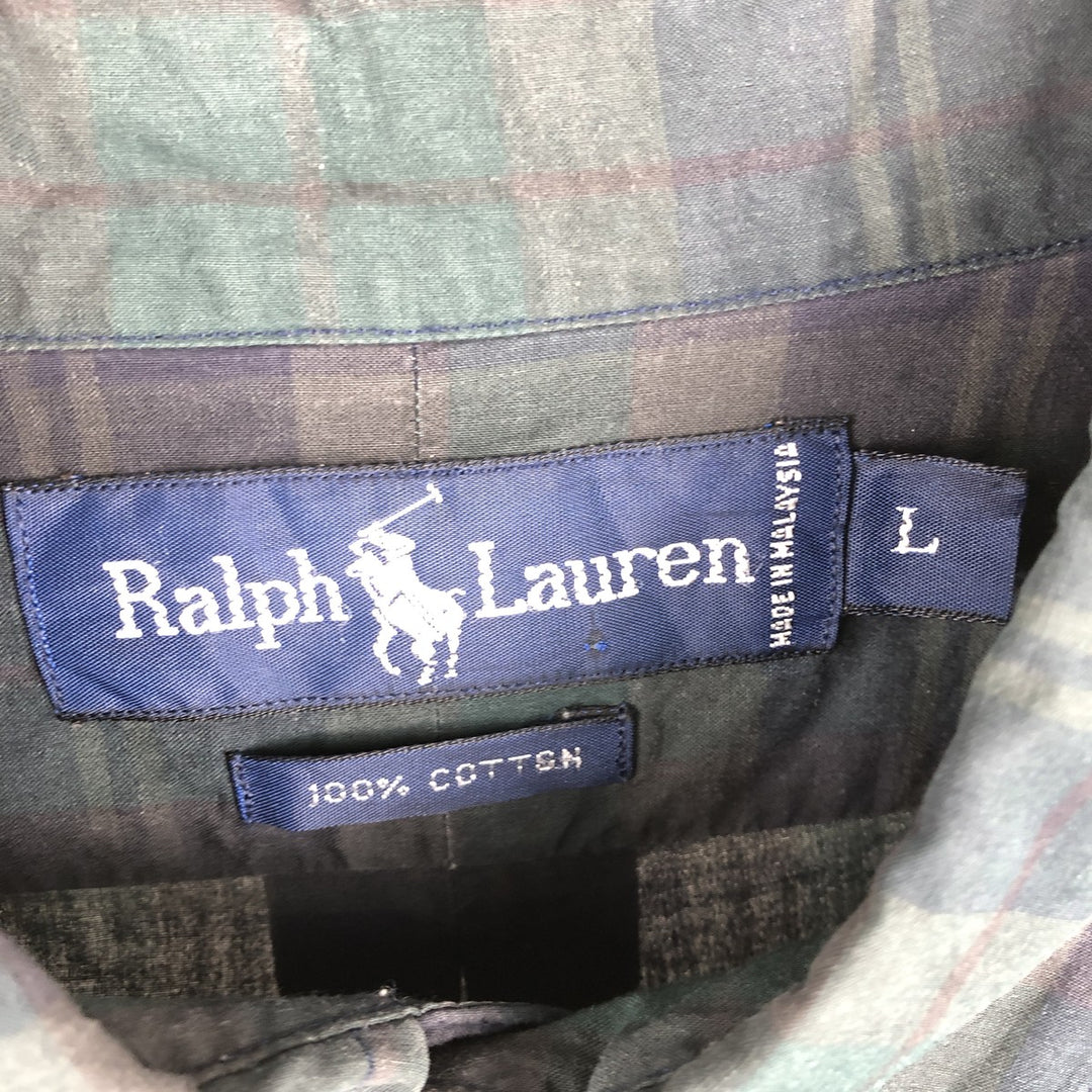 Ralph Lauren long sleeve button down check shirt, men's size L cotton Green type dark green Vintage Second Hand
