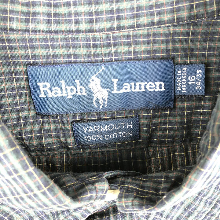 Ralph Lauren YARMOUTH Long Sleeve Button-Down Check Shirt, Men's Size L cotton navy blue type Vintage Second Hand