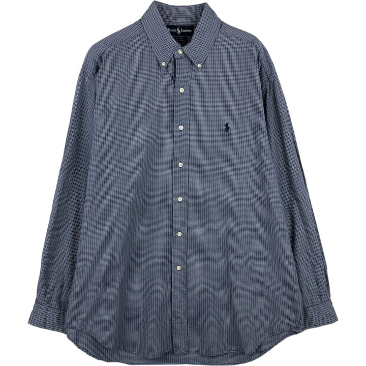 Ralph Lauren BLAIRE long sleeve button down check shirt, men's size L cotton navy blue type Vintage Second Hand