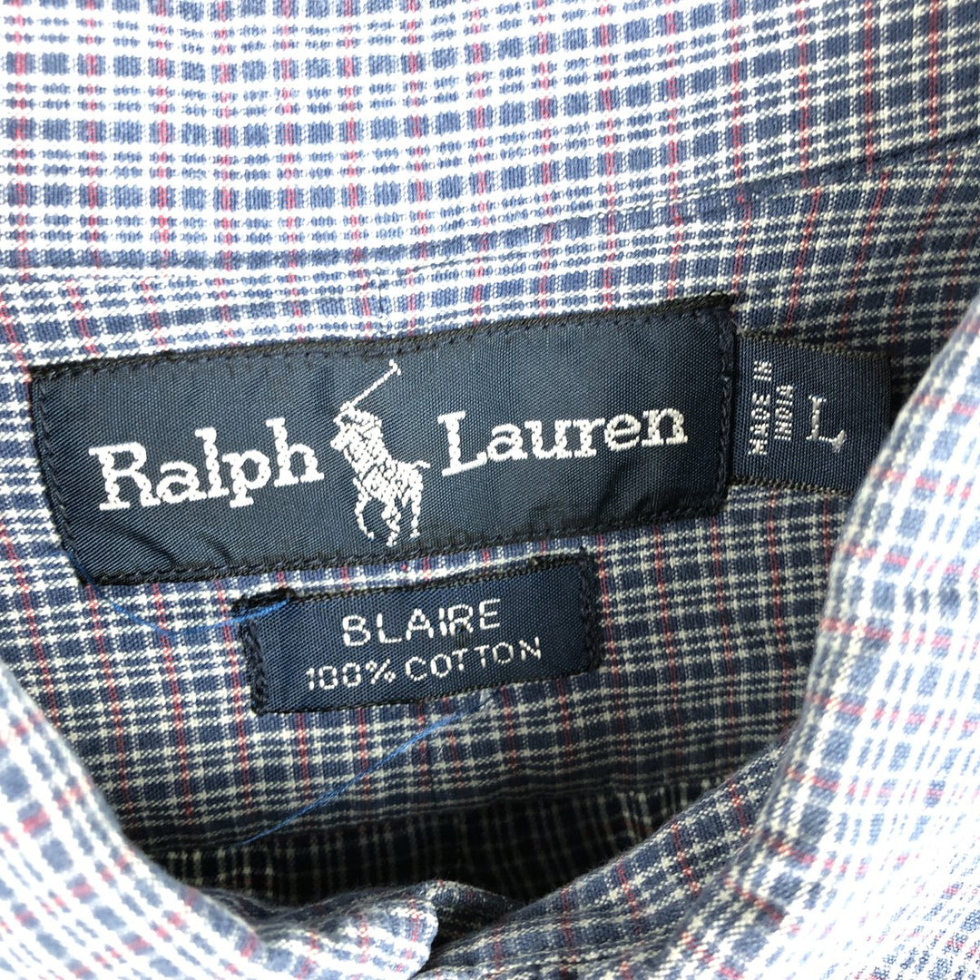 Ralph Lauren BLAIRE long sleeve button down check shirt, men's size L cotton navy blue type Vintage Second Hand