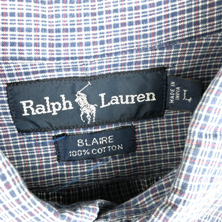 Ralph Lauren BLAIRE long sleeve button down check shirt, men's size L cotton navy blue type Vintage Second Hand