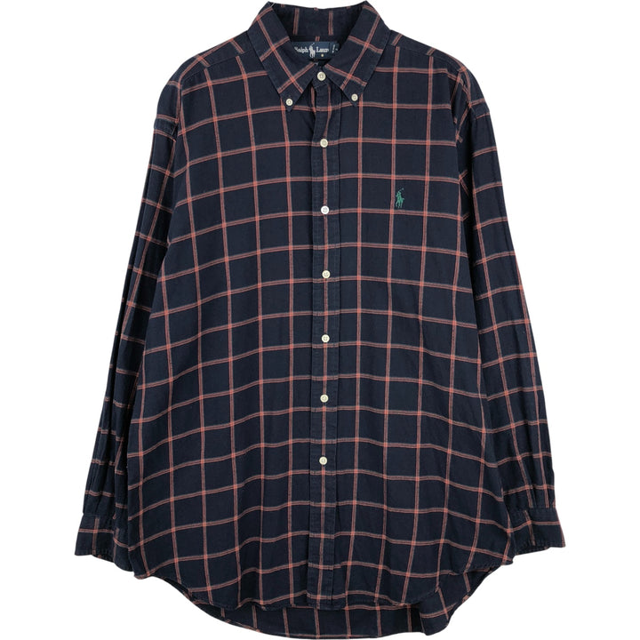 Ralph Lauren BLAIRE long sleeve button down check shirt, men's size M cotton navy blue type Vintage Second Hand