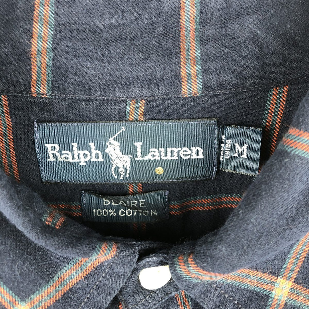 Ralph Lauren BLAIRE long sleeve button down check shirt, men's size M cotton navy blue type Vintage Second Hand