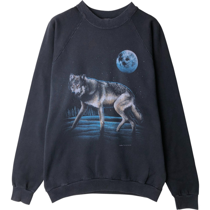 Vintage 90'S SUN SPORTSWEAR Inc. Wolf Pattern Animal Sweatshirt, Men's Size L cotton black type Vintage Second Hand