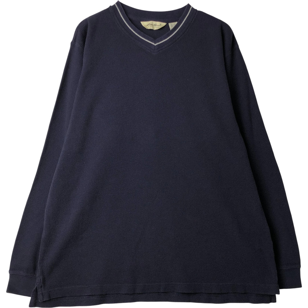 Eddie Bauer V-neck Thermal Long T-shirt, Waffle, Men's Size L cotton navy blue type Vintage Second Hand