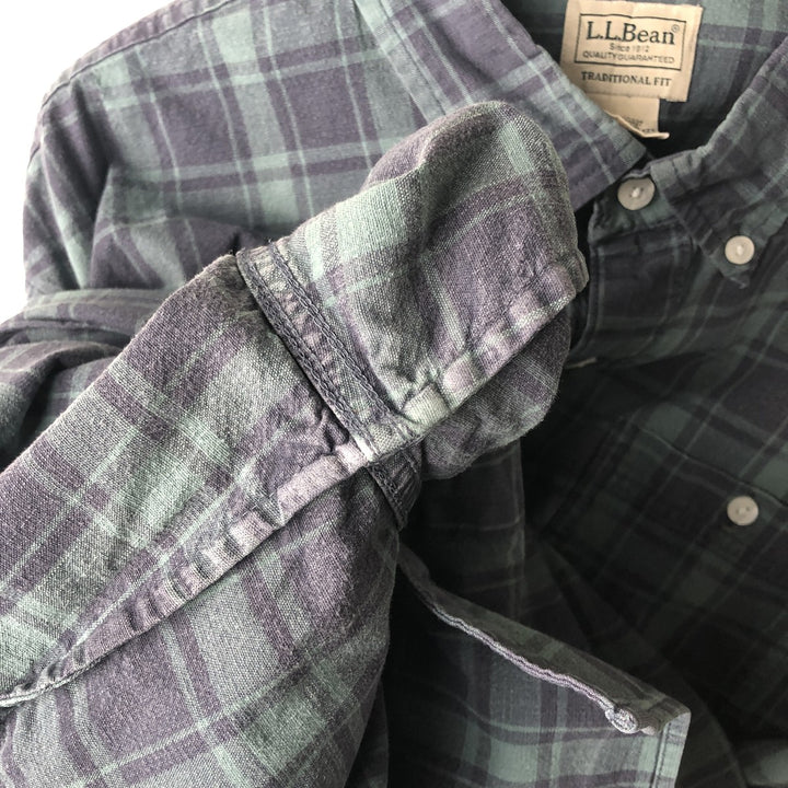 LLBean Long Sleeve Button-Down Check Shirt, Men's Size XL cotton Green type dark green Vintage Second Hand