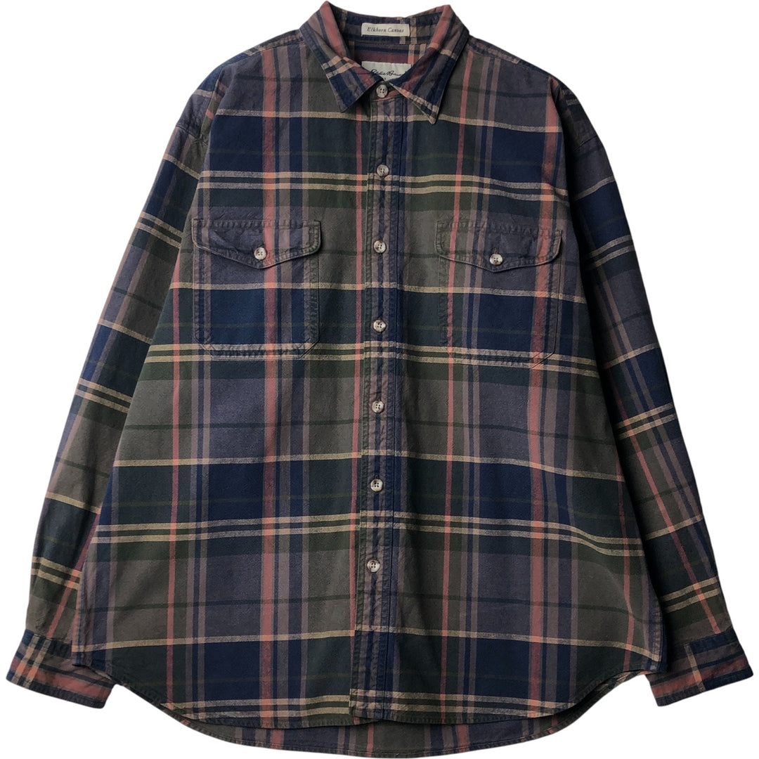 Eddie Bauer Elkhorn Canvas Long Sleeve Cotton Check Shirt, Men's XL cotton navy blue type Vintage Second Hand