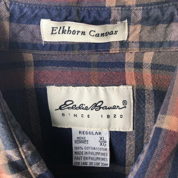 Eddie Bauer Elkhorn Canvas Long Sleeve Cotton Check Shirt, Men's XL cotton navy blue type Vintage Second Hand