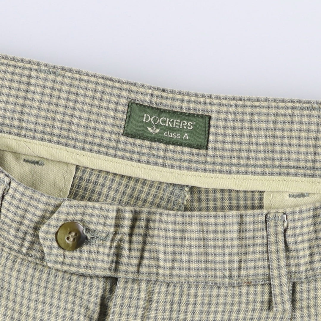 90'S Dockers Class A Check Pattern Two-Pleated Cotton and Linen Pants, Men's Size 34, Vintage cotton green type Vintage Second Hand