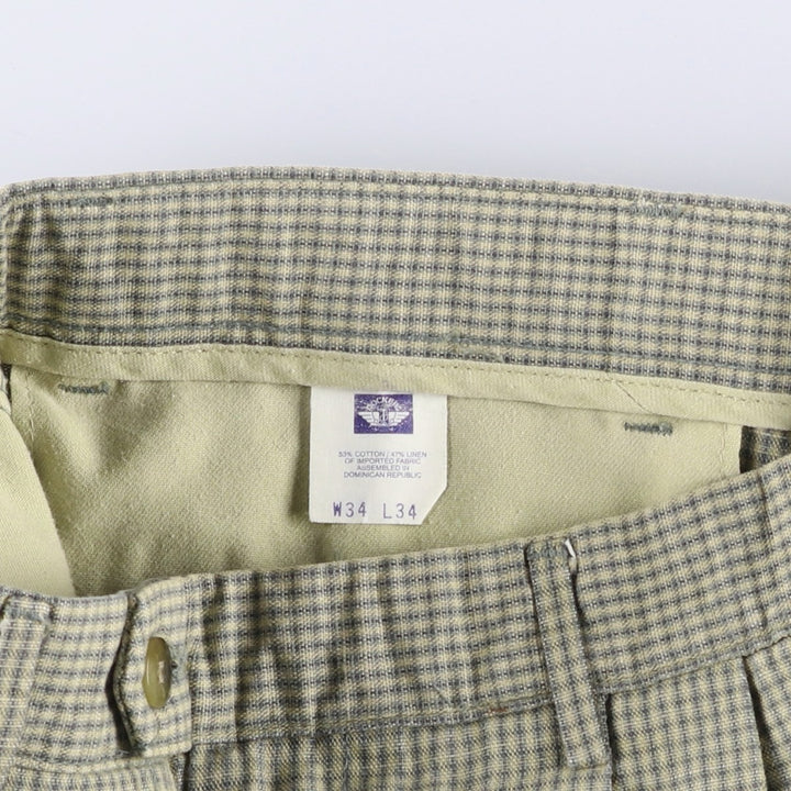 90'S Dockers Class A Check Pattern Two-Pleated Cotton and Linen Pants, Men's Size 34, Vintage cotton green type Vintage Second Hand