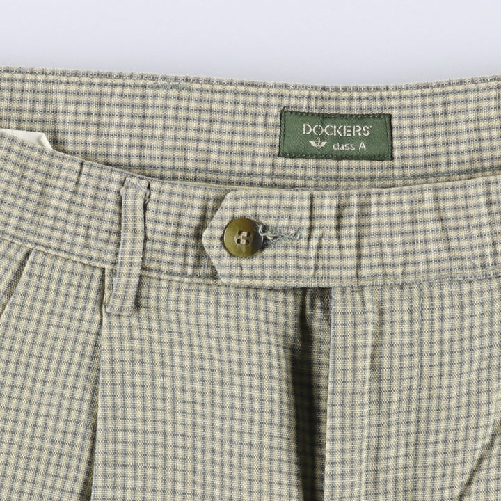 90'S Dockers Class A Check Pattern Two-Pleated Cotton and Linen Pants, Men's Size 34, Vintage cotton green type Vintage Second Hand