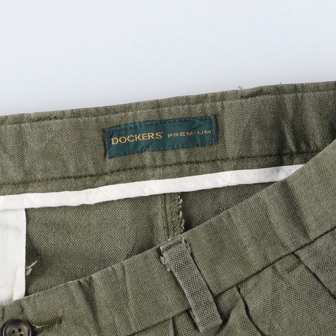 2000'S Dockers Premium Pleated Relaxed Fit Two-Pleated Linen Pants, Men's Size 35 linen Khaki type sage green Vintage Second Hand