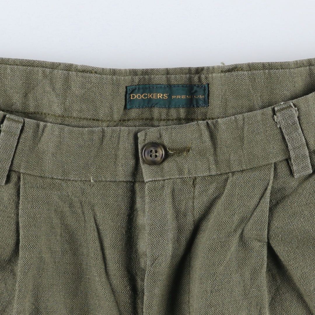 2000'S Dockers Premium Pleated Relaxed Fit Two-Pleated Linen Pants, Men's Size 35 linen Khaki type sage green Vintage Second Hand