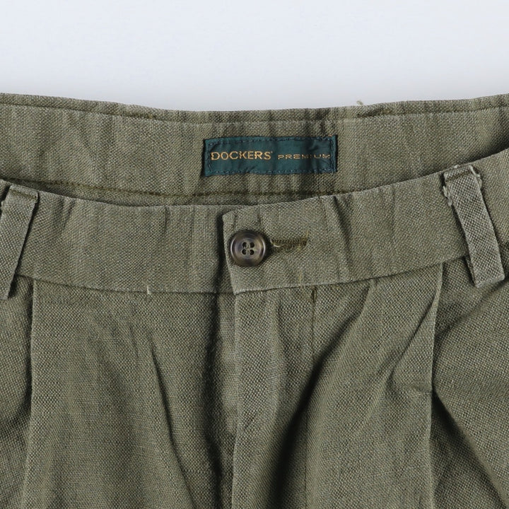 2000'S Dockers Premium Pleated Relaxed Fit Two-Pleated Linen Pants, Men's Size 35 linen Khaki type sage green Vintage Second Hand
